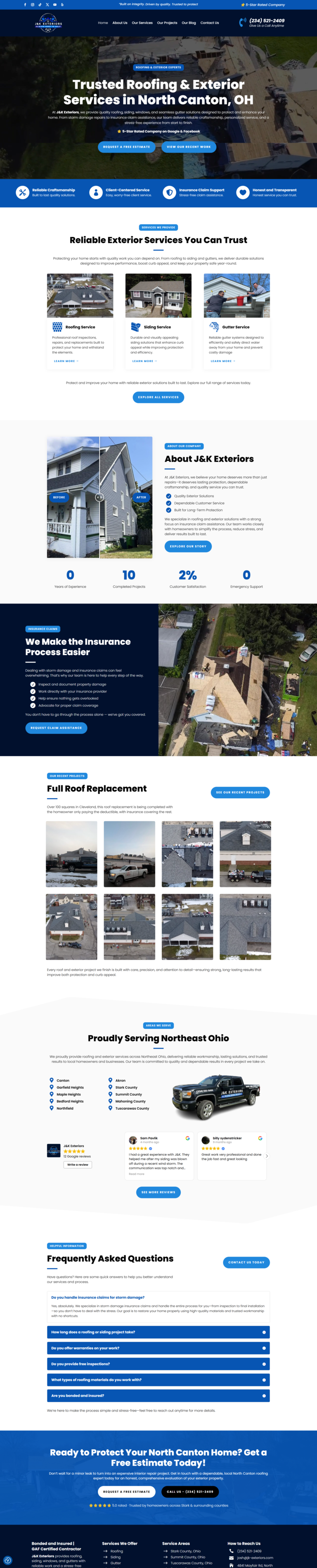 J&K Exteriors roofing website design project preview