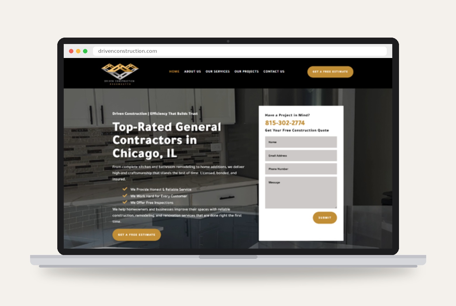 Driven Construction general contractor website design project preview