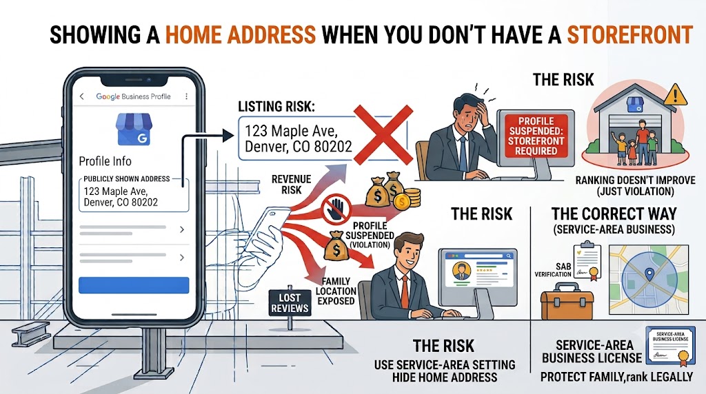 Contractor's home garage used as a business address on their Google listing