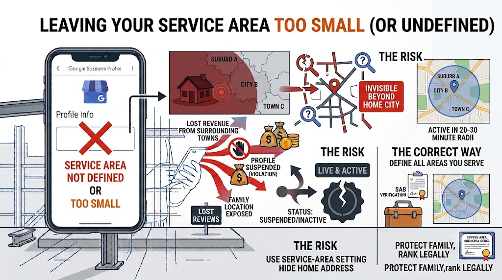 Map showing an undefined or too-small service area on a Google Business Profile