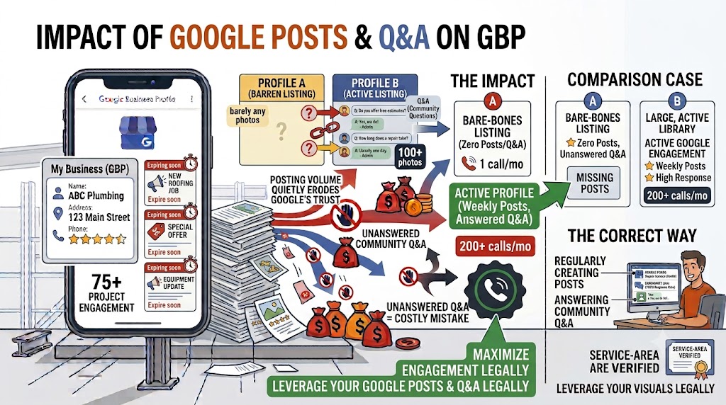 Empty Google Posts and Q&A section on a contractor's business listing